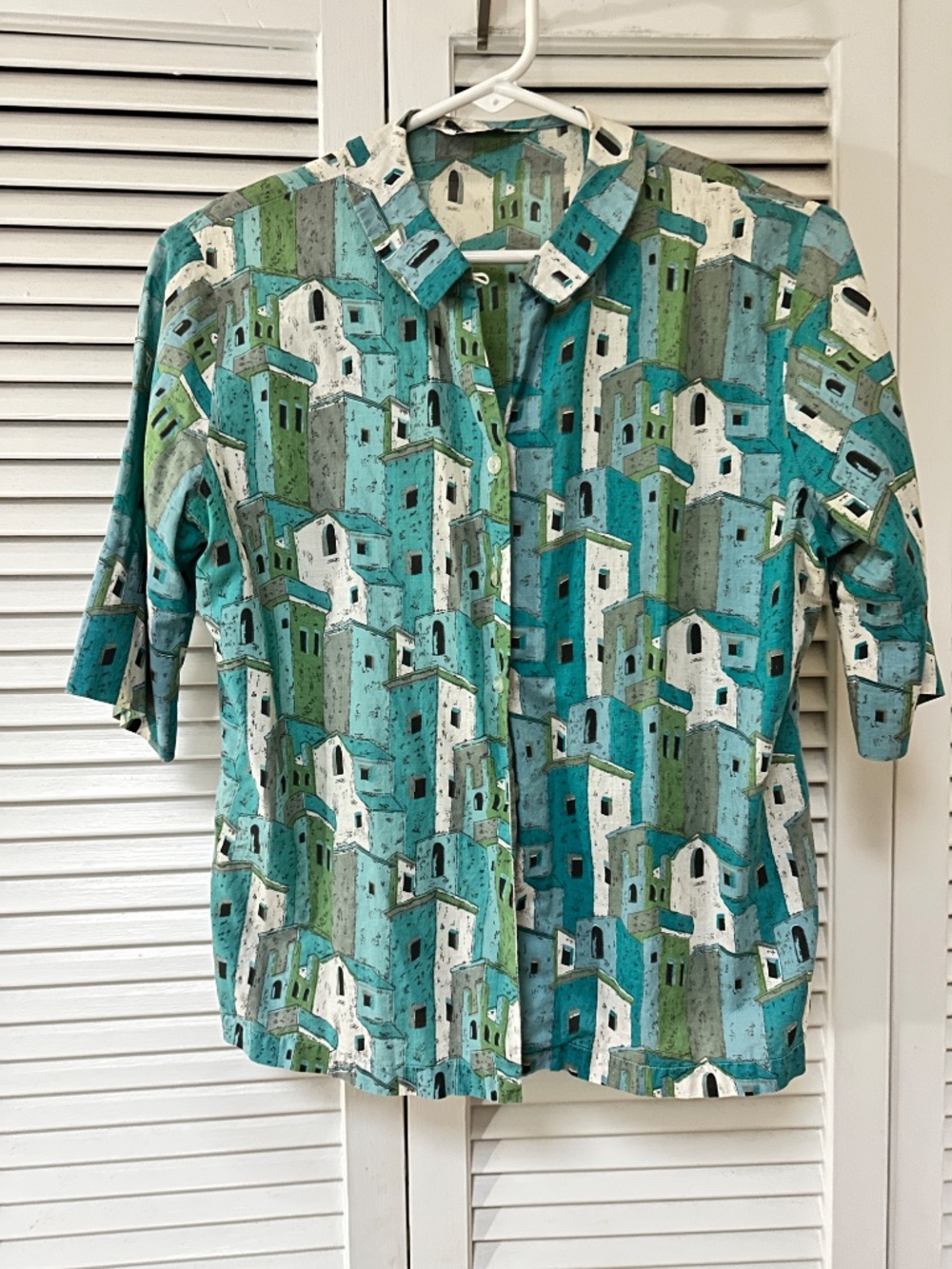 Vintage 1950s Cotton Ship'n Shore Blouse Santorini Greece House Print Small